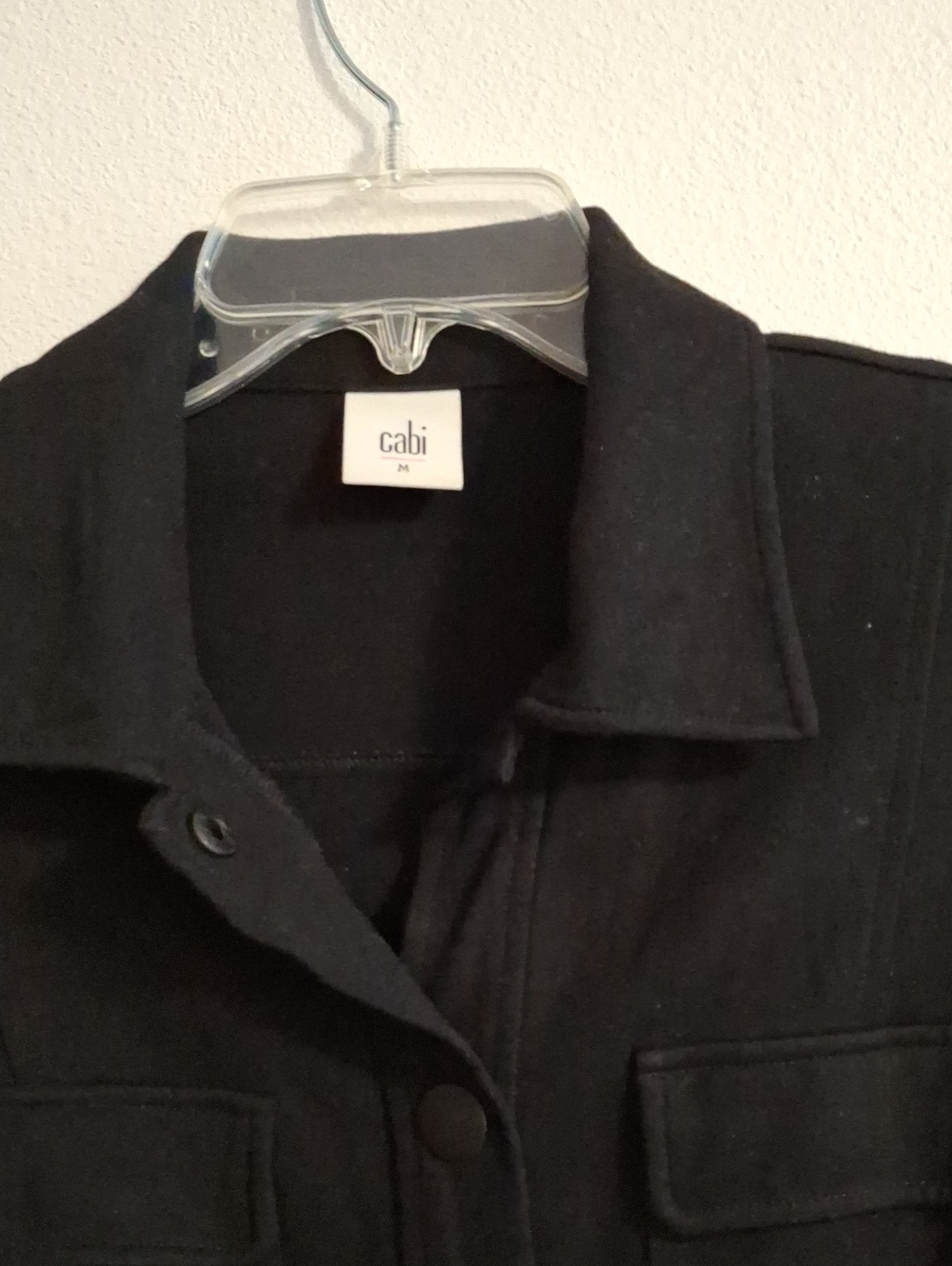CAbi Black Collared Button Jacket Size Medium Snap Closure Shoulder Pads